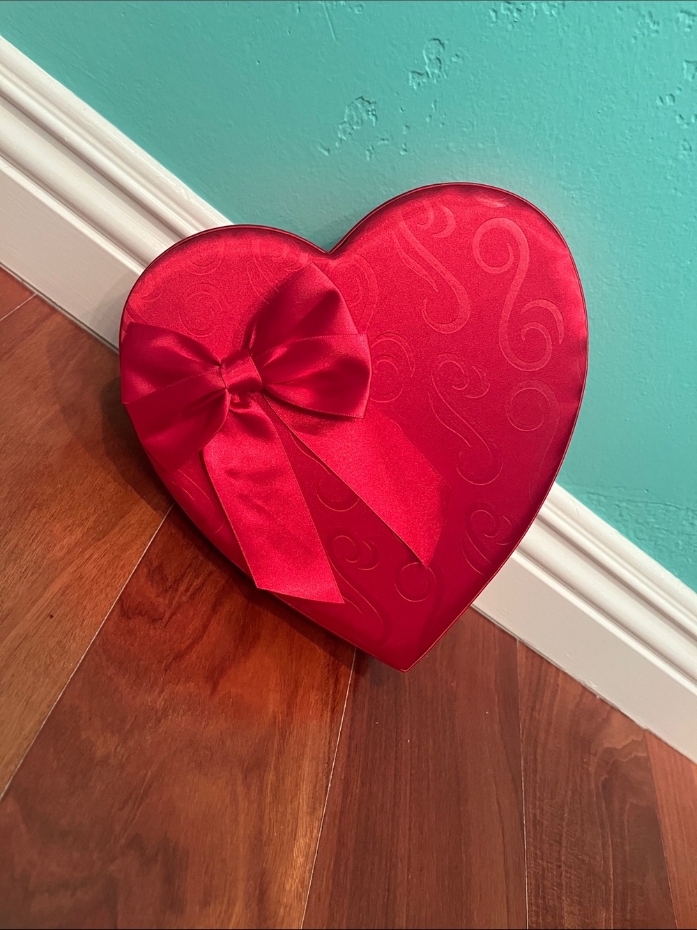 Red Heart-Shaped See's Candies Gift Box with Bow